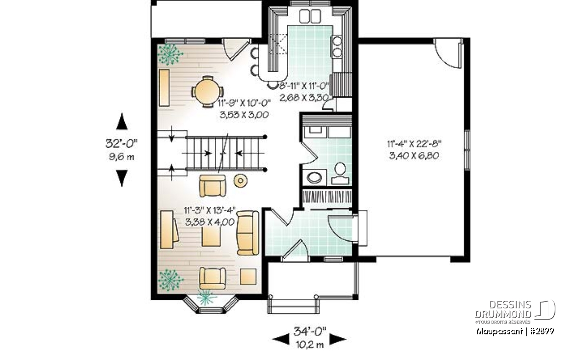Rez-de-chaussée - Plan de maison à étage avec garage pour terrain étroit, 3 chambres, balcon privé à la chambre principale - Maupassant