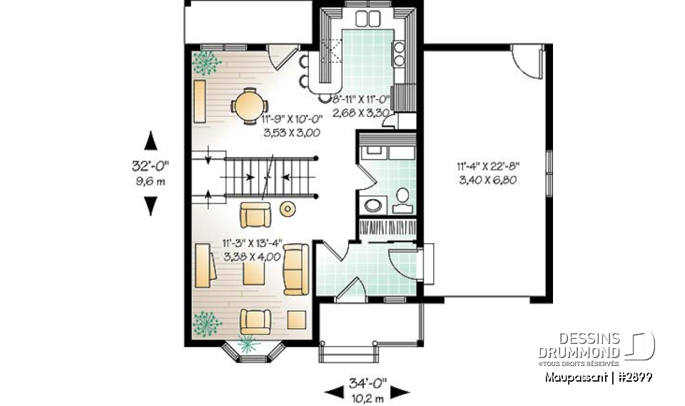 Rez-de-chaussée - Plan de maison à étage avec garage pour terrain étroit, 3 chambres, balcon privé à la chambre principale - Maupassant