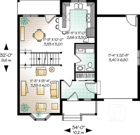 Rez-de-chaussée - Plan de maison à étage avec garage pour terrain étroit, 3 chambres, balcon privé à la chambre principale - Maupassant
