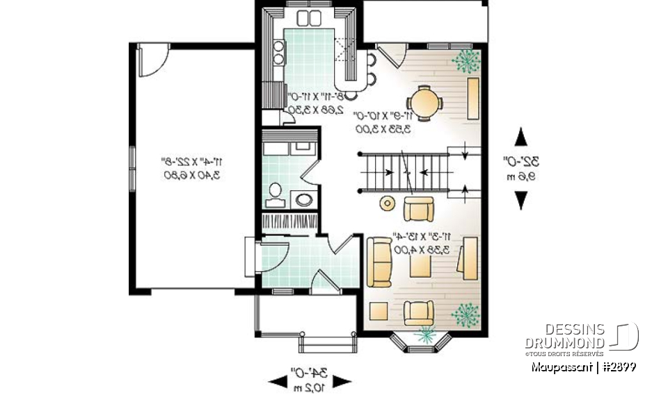 Rez-de-chaussée - Plan de maison à étage avec garage pour terrain étroit, 3 chambres, balcon privé à la chambre principale - Maupassant