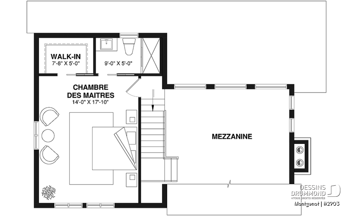 Étage - Plan de chalet panoramique, chambre des maîtres à l'étage, mezzanine, cuisine avec îlot, plafond cathédrale - Montgenot