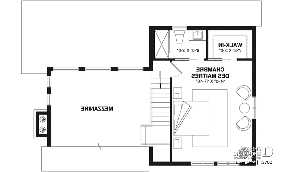 Étage - Plan de chalet panoramique, chambre des maîtres à l'étage, mezzanine, cuisine avec îlot, plafond cathédrale - Montgenot