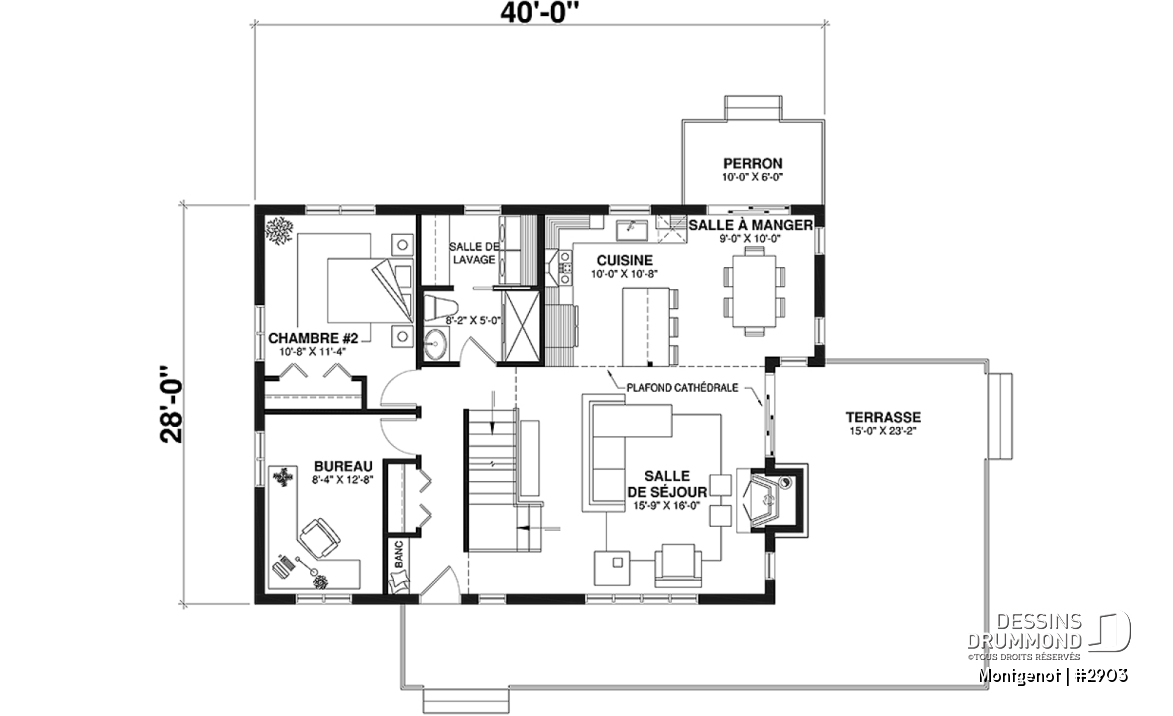 Rez-de-chaussée - Plan de chalet panoramique, chambre des maîtres à l'étage, mezzanine, cuisine avec îlot, plafond cathédrale - Montgenot