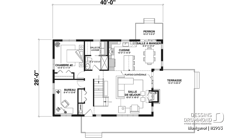 Rez-de-chaussée - Plan de chalet panoramique, chambre des maîtres à l'étage, mezzanine, cuisine avec îlot, plafond cathédrale - Montgenot