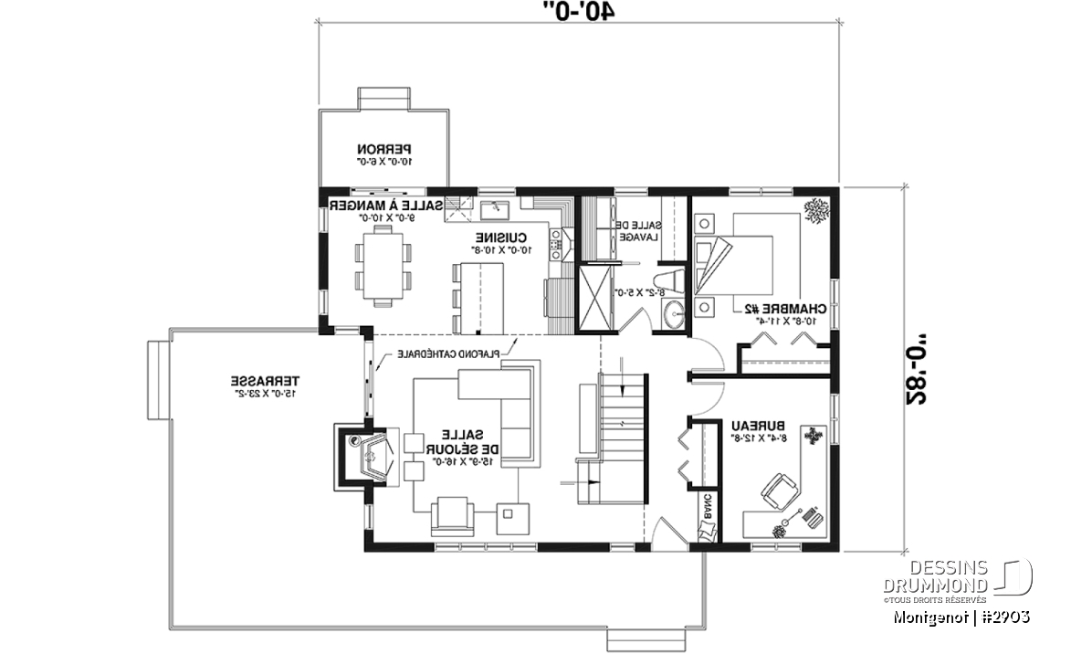 Rez-de-chaussée - Plan de chalet panoramique, chambre des maîtres à l'étage, mezzanine, cuisine avec îlot, plafond cathédrale - Montgenot