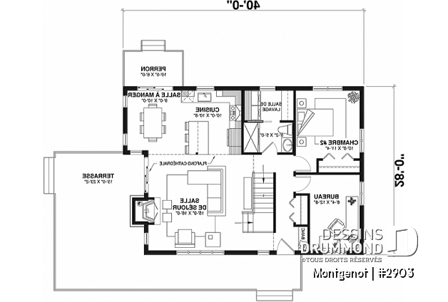 Rez-de-chaussée - Plan de chalet panoramique, chambre des maîtres à l'étage, mezzanine, cuisine avec îlot, plafond cathédrale - Montgenot