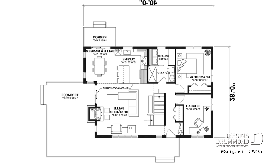 Rez-de-chaussée - Plan de chalet panoramique, chambre des maîtres à l'étage, mezzanine, cuisine avec îlot, plafond cathédrale - Montgenot