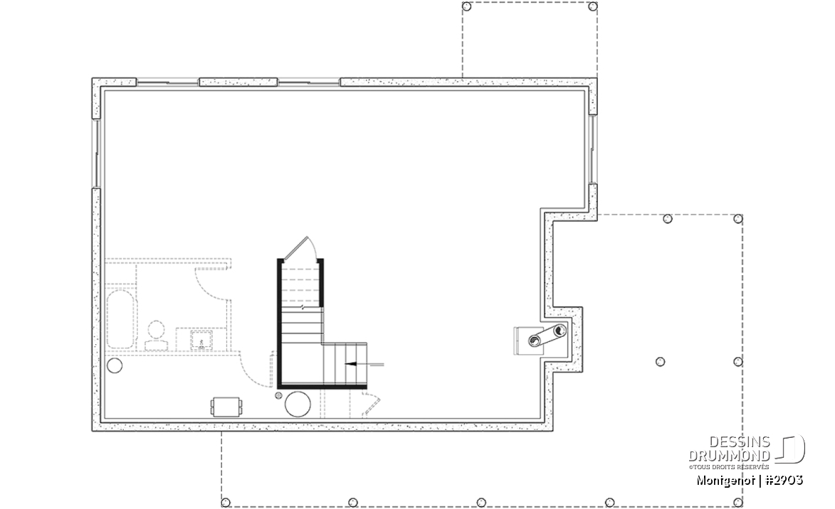 Sous-sol - Plan de chalet panoramique, chambre des maîtres à l'étage, mezzanine, cuisine avec îlot, plafond cathédrale - Montgenot