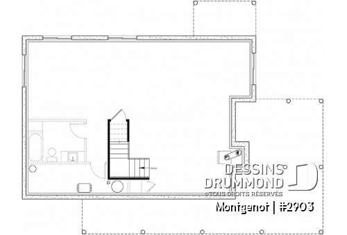 Sous-sol - Plan de chalet panoramique, chambre des maîtres à l'étage, mezzanine, cuisine avec îlot, plafond cathédrale - Montgenot