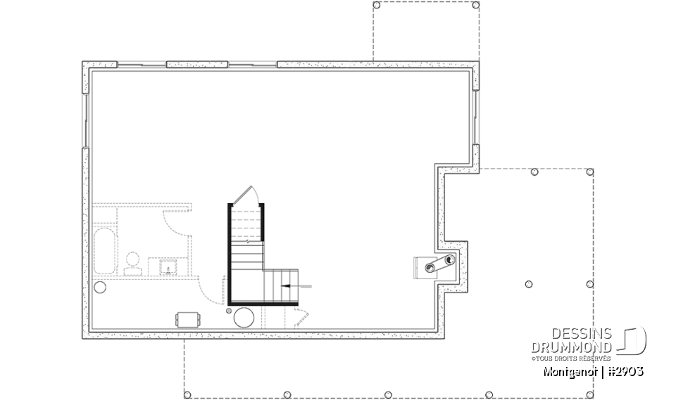 Sous-sol - Plan de chalet panoramique, chambre des maîtres à l'étage, mezzanine, cuisine avec îlot, plafond cathédrale - Montgenot