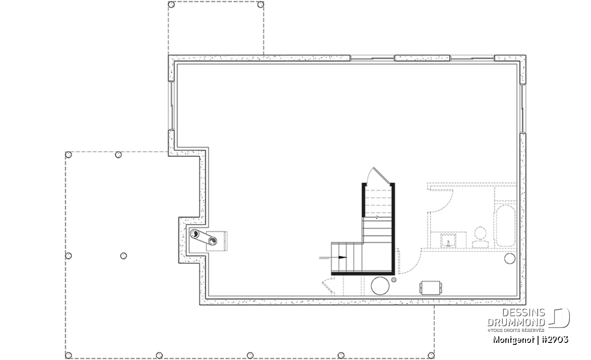Sous-sol - Plan de chalet panoramique, chambre des maîtres à l'étage, mezzanine, cuisine avec îlot, plafond cathédrale - Montgenot
