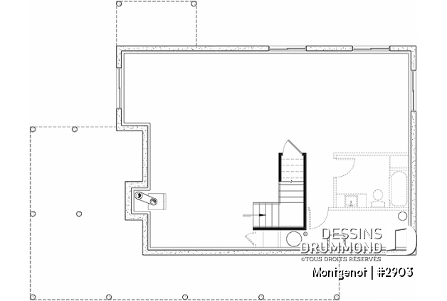 Sous-sol - Plan de chalet panoramique, chambre des maîtres à l'étage, mezzanine, cuisine avec îlot, plafond cathédrale - Montgenot