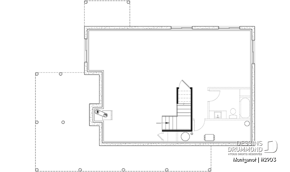 Sous-sol - Plan de chalet panoramique, chambre des maîtres à l'étage, mezzanine, cuisine avec îlot, plafond cathédrale - Montgenot