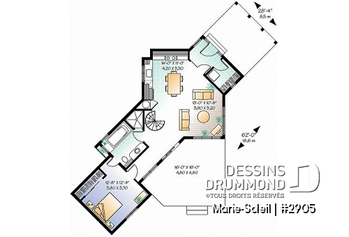 Rez-de-chaussée - Plan de maison genre chalet, chambre en loft à l'étage, suite des maîtres au r-d-c, observatoire - Marie-Soleil