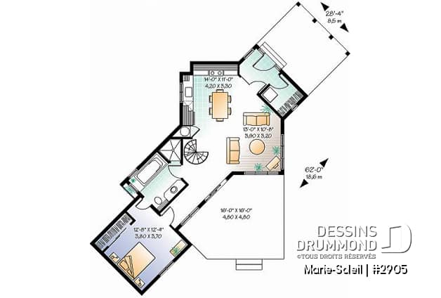 Rez-de-chaussée - Plan de maison genre chalet, chambre en loft à l'étage, suite des maîtres au r-d-c, observatoire - Marie-Soleil