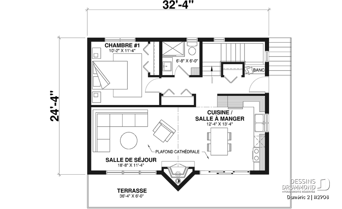 Rez-de-chaussée - Plan de chalet de ski avec plafond cathédral, 3-4 chambres, foyer, grande terrasse et rangement - Daméric 2