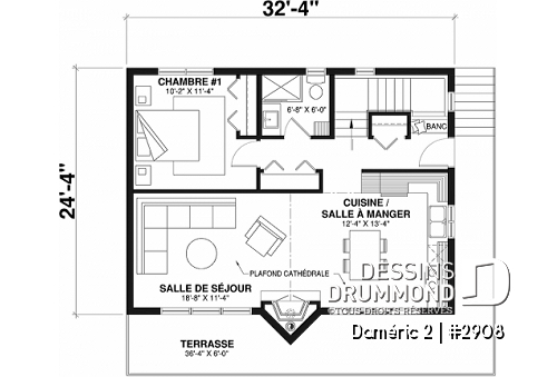 Rez-de-chaussée - Plan de chalet de ski avec plafond cathédral, 3-4 chambres, foyer, grande terrasse et rangement - Daméric 2