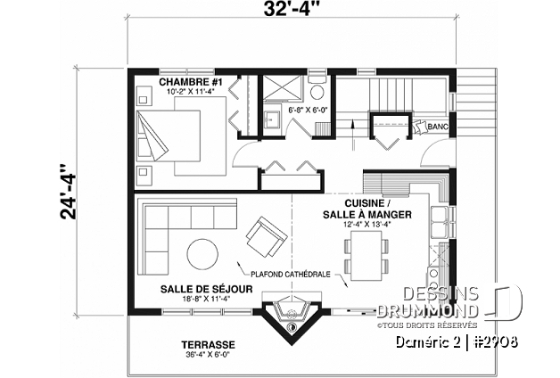 Rez-de-chaussée - Plan de chalet de ski avec plafond cathédral, 3-4 chambres, foyer, grande terrasse et rangement - Daméric 2