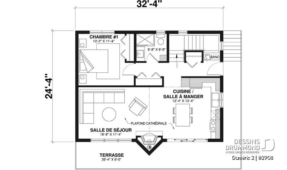 Rez-de-chaussée - Plan de chalet de ski avec plafond cathédral, 3-4 chambres, foyer, grande terrasse et rangement - Daméric 2