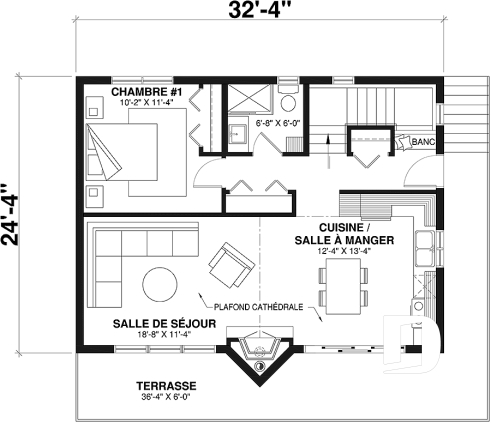Rez-de-chaussée - Plan de chalet de ski avec plafond cathédral, 3-4 chambres, foyer, grande terrasse et rangement - Daméric 2