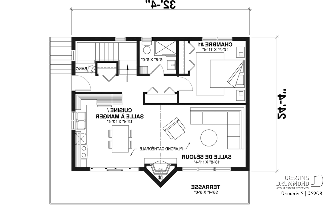 Rez-de-chaussée - Plan de chalet de ski avec plafond cathédral, 3-4 chambres, foyer, grande terrasse et rangement - Daméric 2