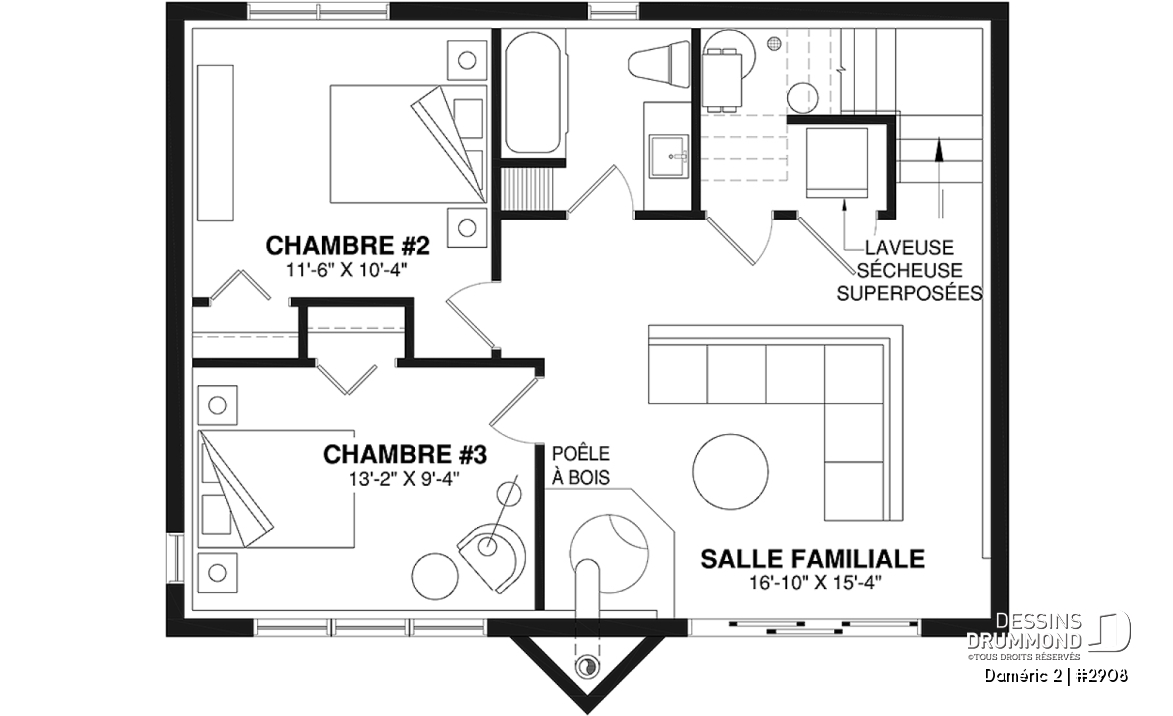 Sous-sol - Plan de chalet de ski avec plafond cathédral, 3-4 chambres, foyer, grande terrasse et rangement - Daméric 2