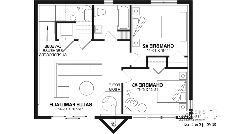Sous-sol - Plan de chalet de ski avec plafond cathédral, 3-4 chambres, foyer, grande terrasse et rangement - Daméric 2