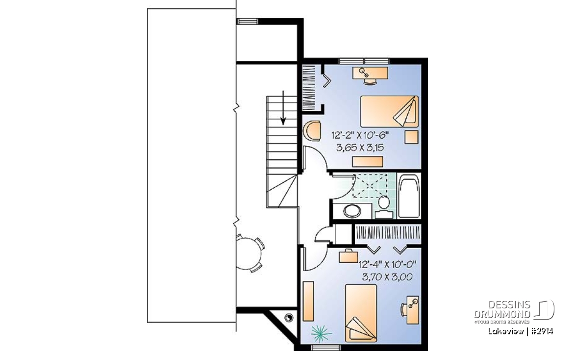 Étage - Plan de chalet abordable d'inspiration scandinave avec grande terrasse et 3 chambres - Lakeview