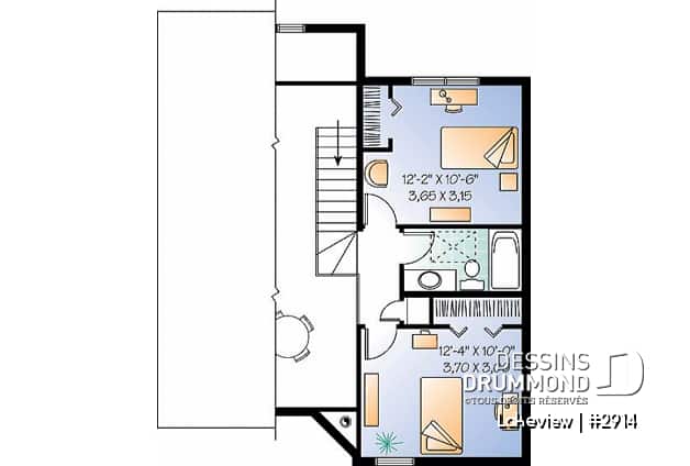 Étage - Plan de chalet abordable d'inspiration scandinave avec grande terrasse et 3 chambres - Lakeview