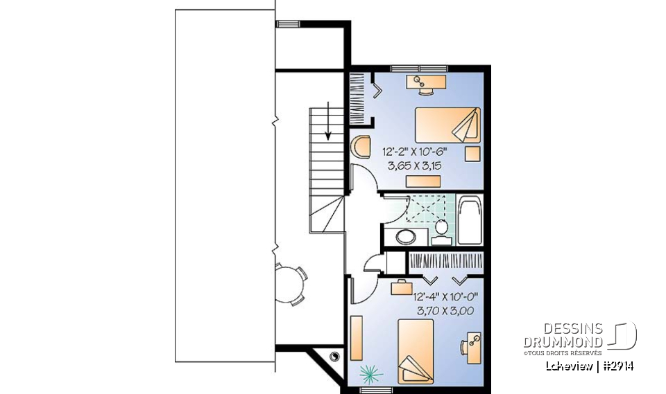 Étage - Plan de chalet abordable d'inspiration scandinave avec grande terrasse et 3 chambres - Lakeview