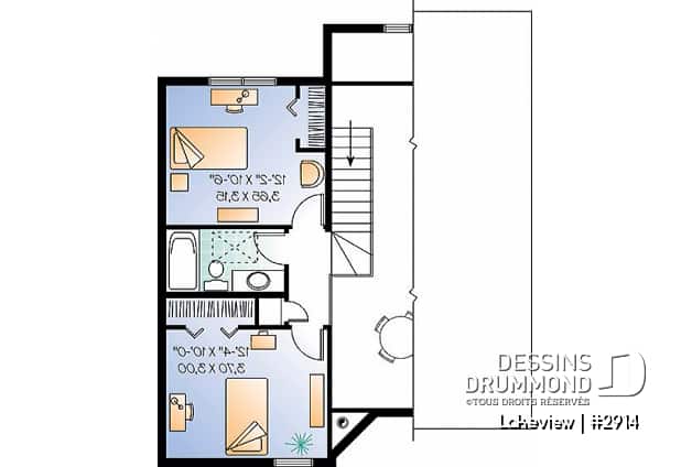 Étage - Plan de chalet abordable d'inspiration scandinave avec grande terrasse et 3 chambres - Lakeview