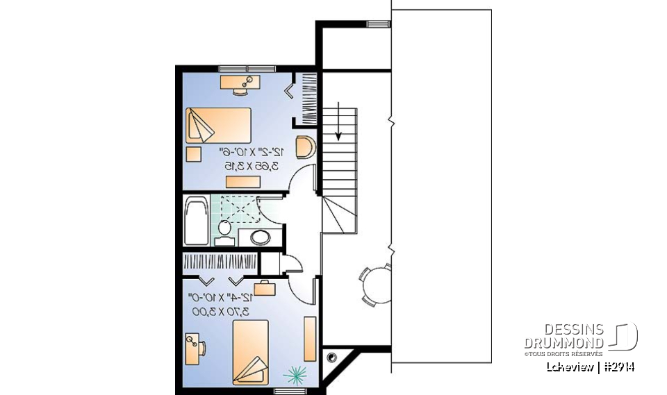 Étage - Plan de chalet abordable d'inspiration scandinave avec grande terrasse et 3 chambres - Lakeview