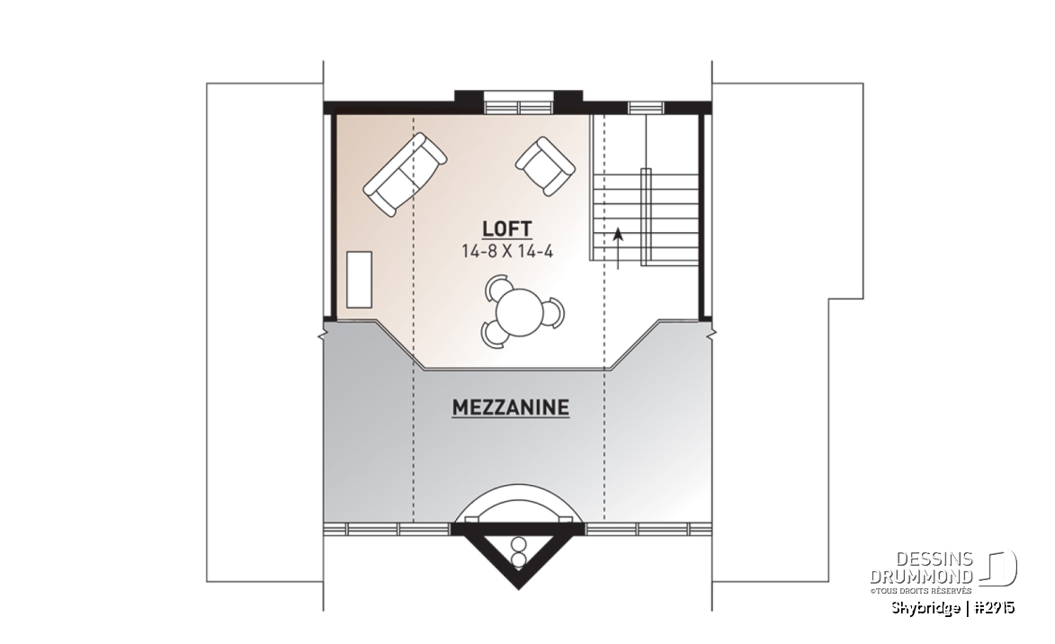 Étage - Plan de chalet rustique, 3 à 4 chambres, cathédrale &amp; loft, mezzanine, 2 foyers, grande terrasse vue superbe - Skybridge