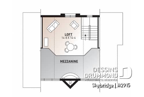 Étage - Plan de chalet rustique, 3 à 4 chambres, cathédral & loft, mezzanine, 2 foyers, grande terrasse vue superbe - Skybridge