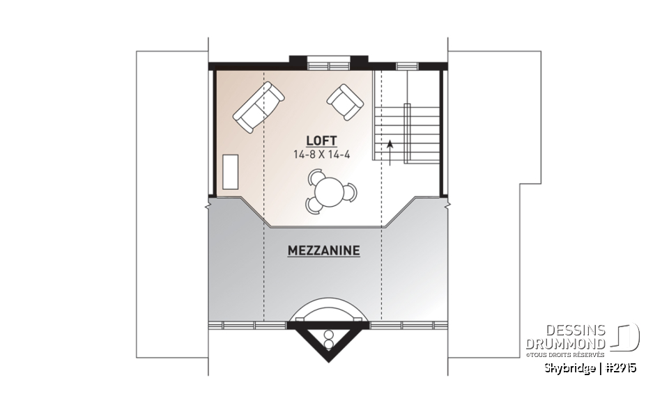Étage - Plan de chalet rustique, 3 à 4 chambres, cathédrale &amp; loft, mezzanine, 2 foyers, grande terrasse vue superbe - Skybridge