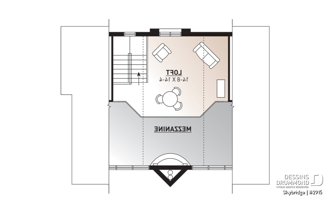 Étage - Plan de chalet rustique, 3 à 4 chambres, cathédrale &amp; loft, mezzanine, 2 foyers, grande terrasse vue superbe - Skybridge