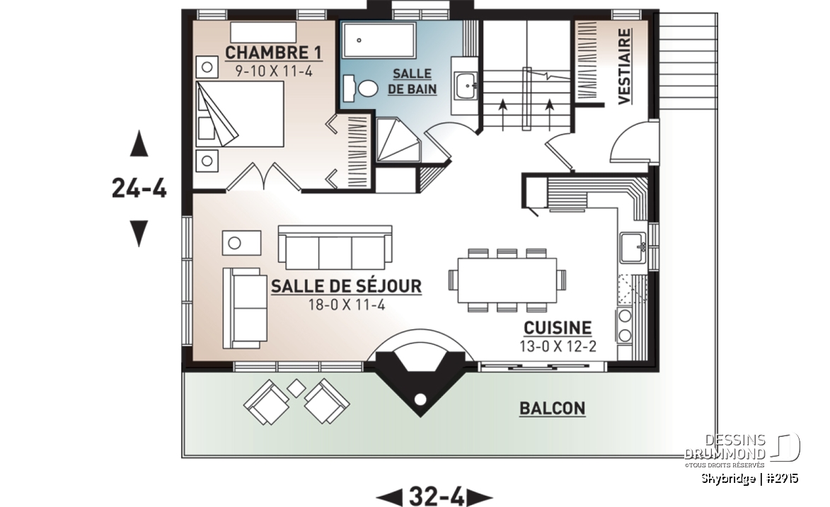 Rez-de-chaussée - Plan de chalet rustique, 3 à 4 chambres, cathédrale &amp; loft, mezzanine, 2 foyers, grande terrasse vue superbe - Skybridge