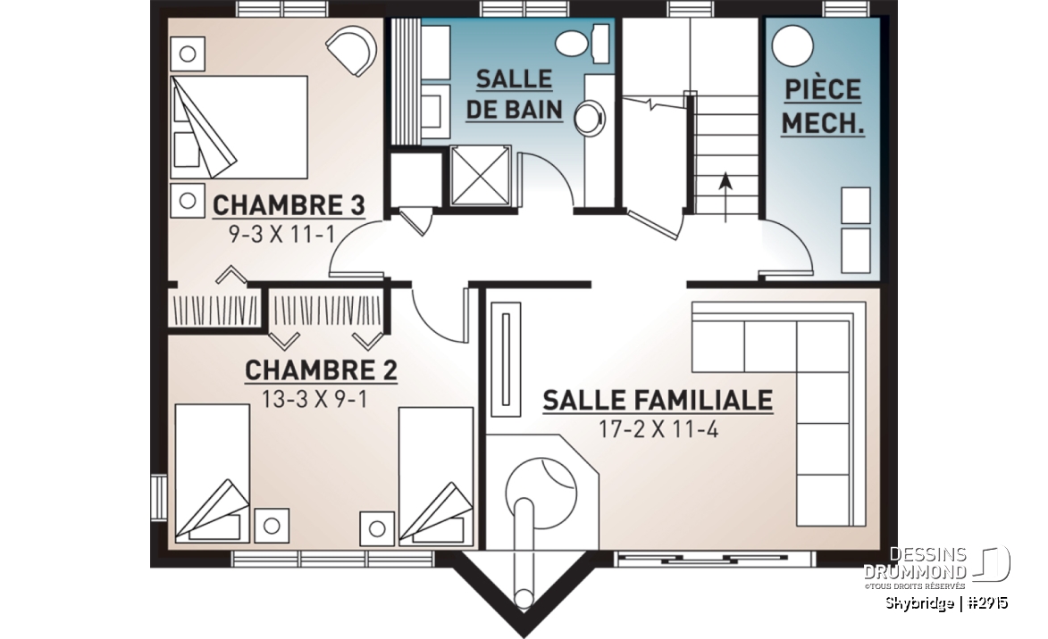 Sous-sol - Plan de chalet rustique, 3 à 4 chambres, cathédrale &amp; loft, mezzanine, 2 foyers, grande terrasse vue superbe - Skybridge