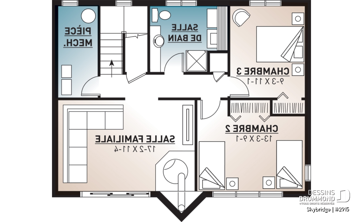 Sous-sol - Plan de chalet rustique, 3 à 4 chambres, cathédrale &amp; loft, mezzanine, 2 foyers, grande terrasse vue superbe - Skybridge