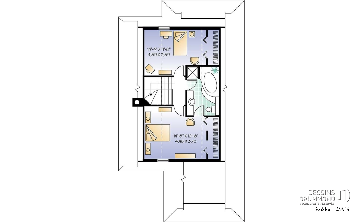Étage - Plan de chalet 3 chambres, 2 salles de bain, aire ouverte, foyer, abri moustiquaire, buanderie au premier - Baldor