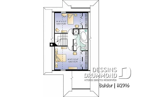 Étage - Plan de chalet 3 chambres, 2 salles de bain, aire ouverte, foyer, abri moustiquaire, buanderie au premier - Baldor