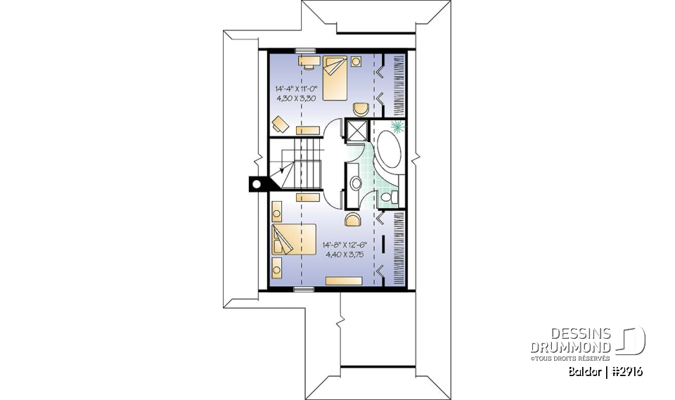 Étage - Plan de chalet 3 chambres, 2 salles de bain, aire ouverte, foyer, abri moustiquaire, buanderie au premier - Baldor