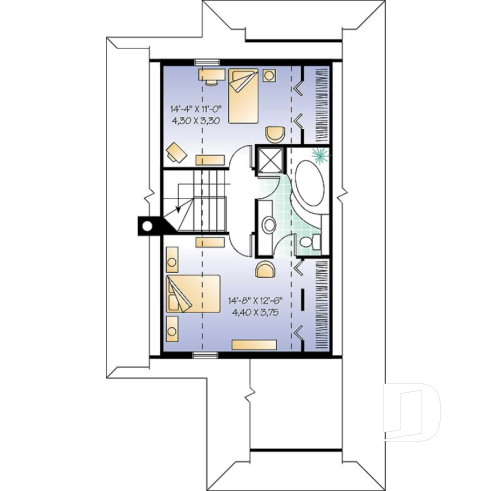 Étage - Plan de chalet 3 chambres, 2 salles de bain, aire ouverte, foyer, abri moustiquaire, buanderie au premier - Baldor