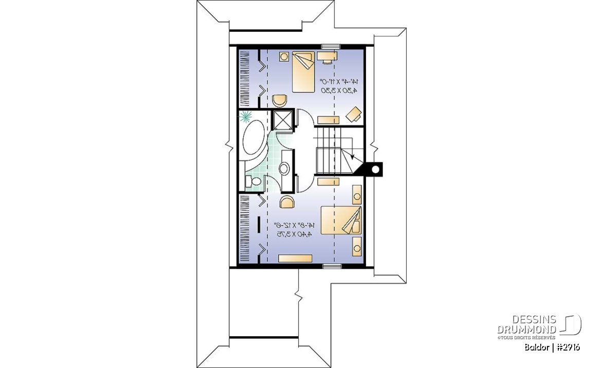 Étage - Plan de chalet 3 chambres, 2 salles de bain, aire ouverte, foyer, abri moustiquaire, buanderie au premier - Baldor