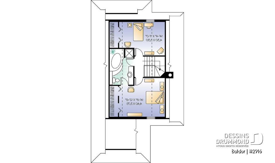 Étage - Plan de chalet 3 chambres, 2 salles de bain, aire ouverte, foyer, abri moustiquaire, buanderie au premier - Baldor