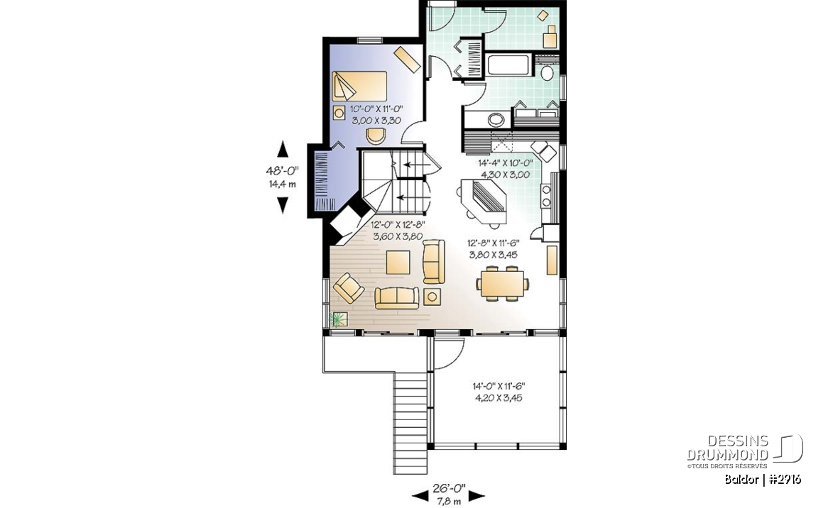 Rez-de-chaussée - Plan de chalet 3 chambres, 2 salles de bain, aire ouverte, foyer, abri moustiquaire, buanderie au premier - Baldor