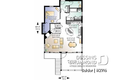 Rez-de-chaussée - Plan de chalet 3 chambres, 2 salles de bain, aire ouverte, foyer, abri moustiquaire, buanderie au premier - Baldor
