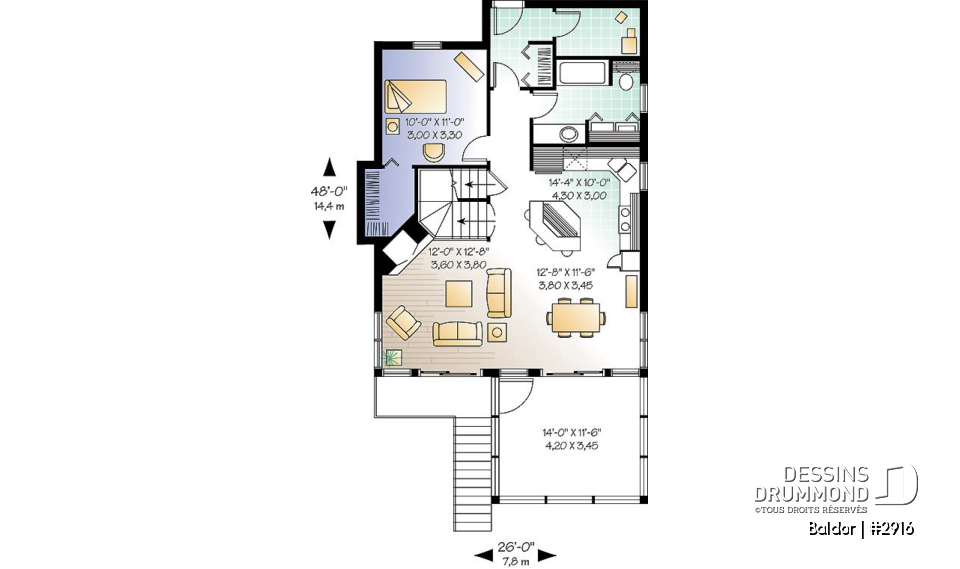 Rez-de-chaussée - Plan de chalet 3 chambres, 2 salles de bain, aire ouverte, foyer, abri moustiquaire, buanderie au premier - Baldor