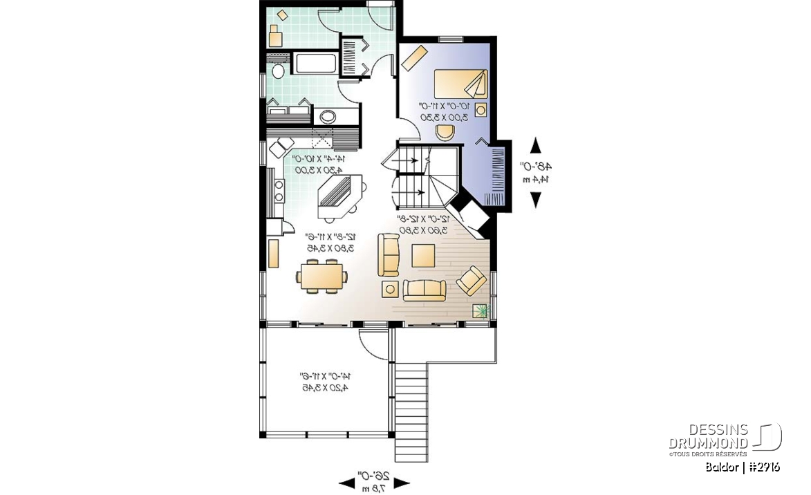 Rez-de-chaussée - Plan de chalet 3 chambres, 2 salles de bain, aire ouverte, foyer, abri moustiquaire, buanderie au premier - Baldor