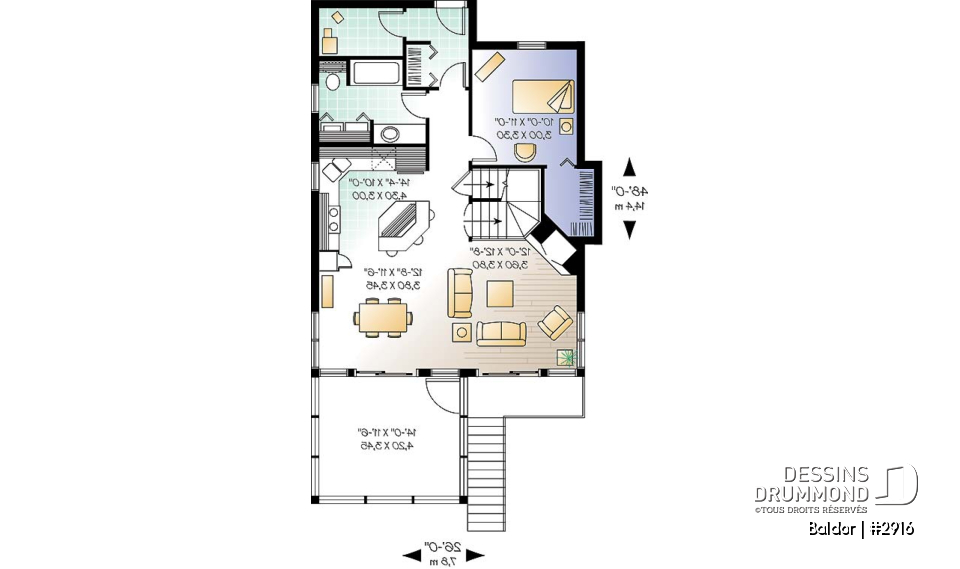 Rez-de-chaussée - Plan de chalet 3 chambres, 2 salles de bain, aire ouverte, foyer, abri moustiquaire, buanderie au premier - Baldor